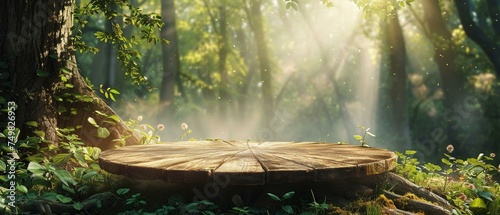 Natural wood podium, lush forest scene, morning sunlight filtering through