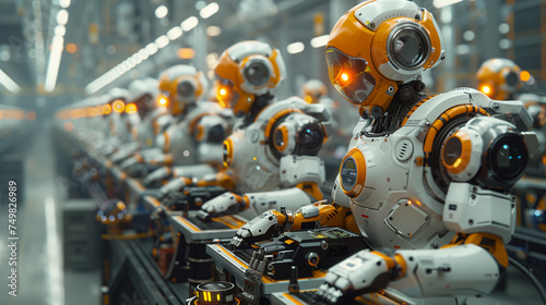 An array of sophisticated robots working seamlessly on an assembly line within a modern, smart factory environment.