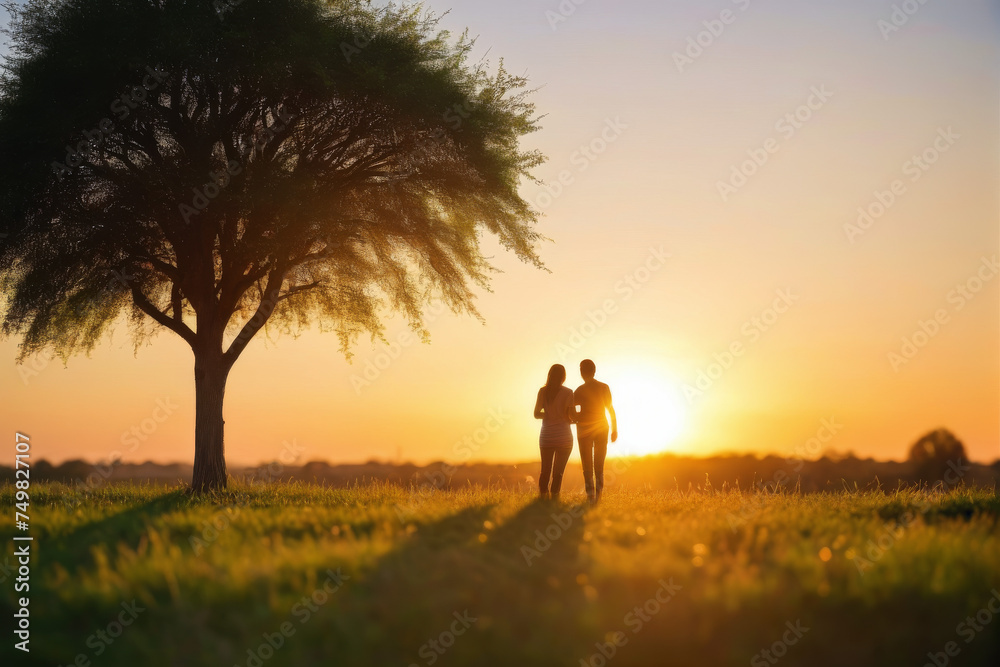 Couples promising happiness in front of the sunset 