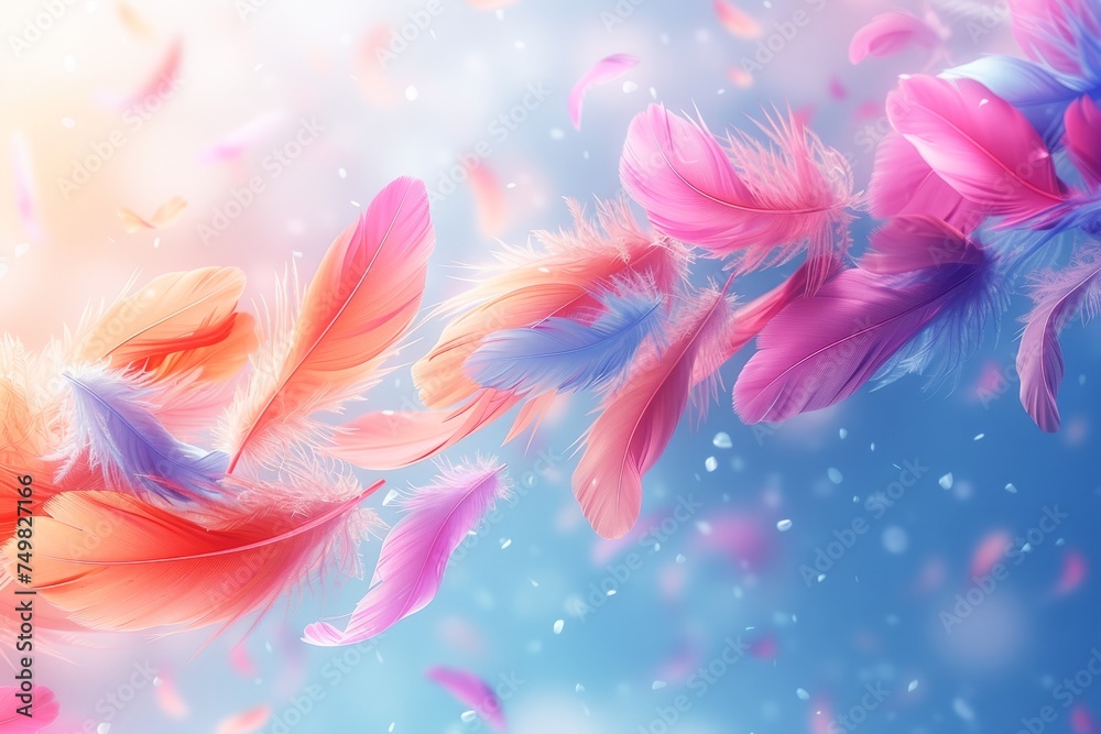 Colorful Feathers Floating Gently In A Serene Pastel Sky