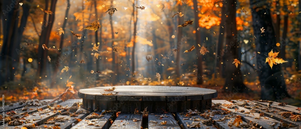 Rustic wooden podium, autumn forest backdrop, leaves falling gently