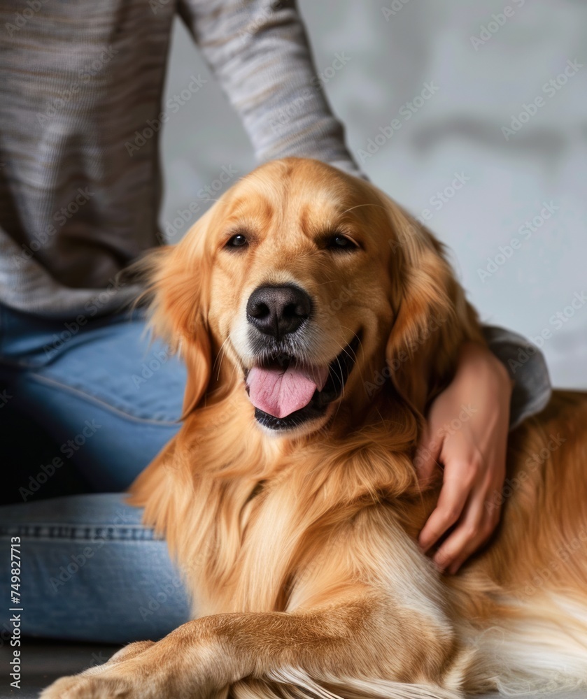 Smiling Golden Retriever Enjoying Affection From Owner in Studio Setting