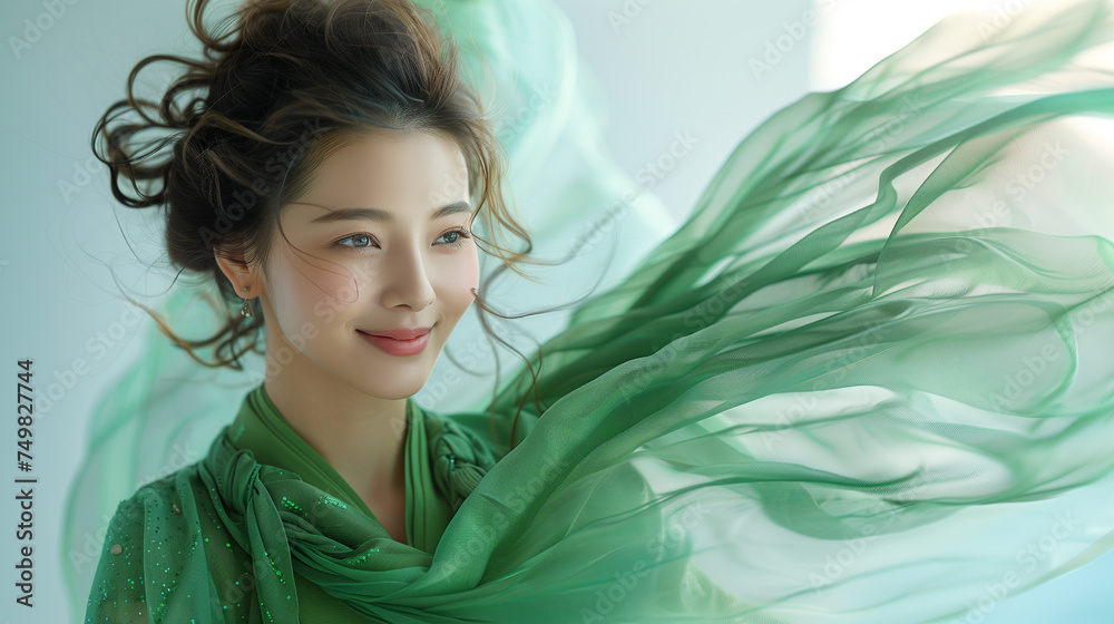 Graceful young asian woman adorned in a flowing, colorful dress with floral embellishments, exuding elegance and vitality. Graceful young asian woman adorned in a flowing, colorful dress with floral embellishments, exuding elegance and vitality.
