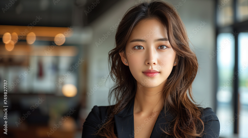 A poised young businesswoman with flowing hair wearing a stylish elegant suit, embodying confidence and professionalism on modern office background. A poised young businesswoman with flowing hair wearing a stylish elegant suit, embodying confidence and professionalism on modern office background.