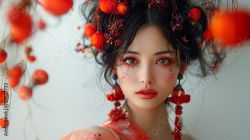 Graceful young asian woman adorned in a flowing with makeup and a creative hairstyle, colorful dress with floral embellishments, exuding elegance and vitality.