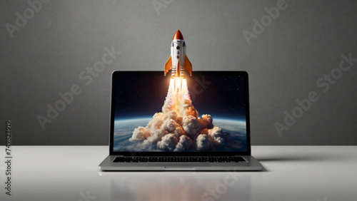 Rocket launch from laptop screen. Rocket taking off. Business Start up, Launching new product or service. Successful start-up