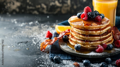 brunch table set with fluffy pancakes stacked high, topped with fresh berries, maple syrup, and a dusting of powdered sugar, served with crispy bacon and a glass of orange juice