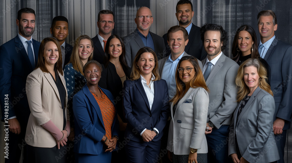 Smiling professional business leaders and employees group team portrait
