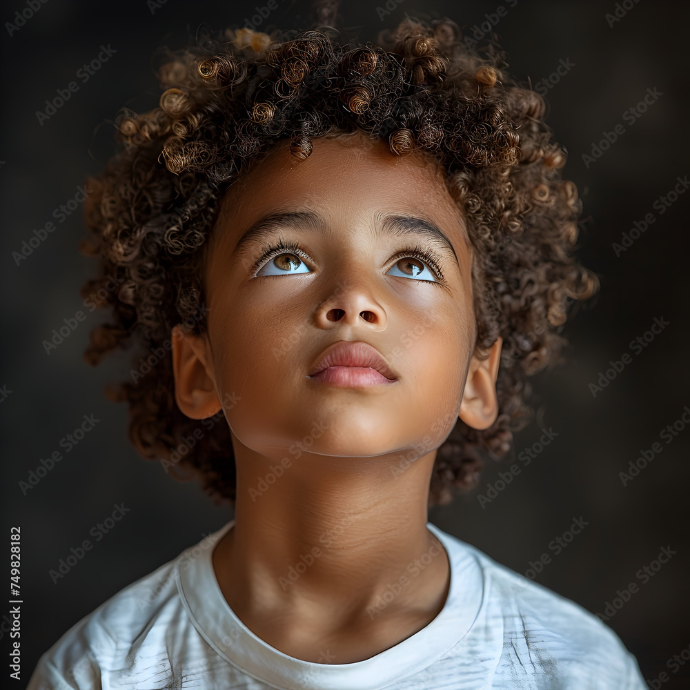 Curious Little Black Boy Looking Up to the Sky in Cinematic Lighting