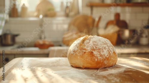 Freshly baked bread on a wooden cutting board in a home kitchen, morning light streaming in, creating a warm and inviting atmosphere.
