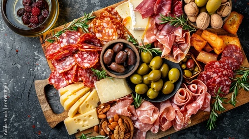 Top view of a charcuterie board laden with an assortment of cured meats, artisanal cheeses, olives, nuts, and dried fruits, arranged elegantly on a wooden platter photo