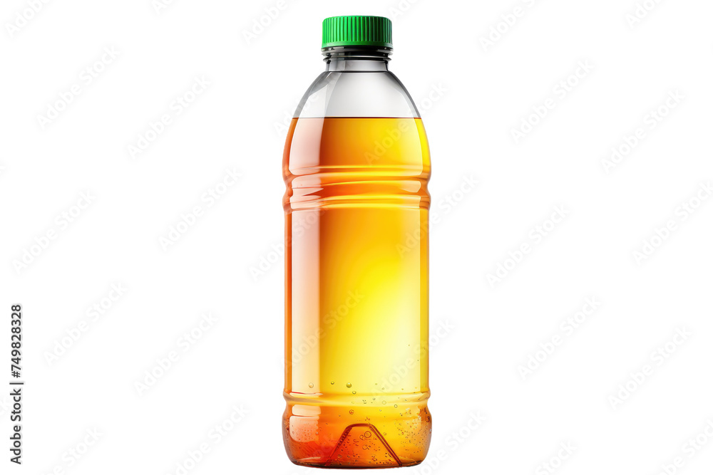 Bottle of Orange Juice. A single bottle of orange juice is placed on a plain white background. The liquid inside is a orange color, contrasting with the neutral white background.