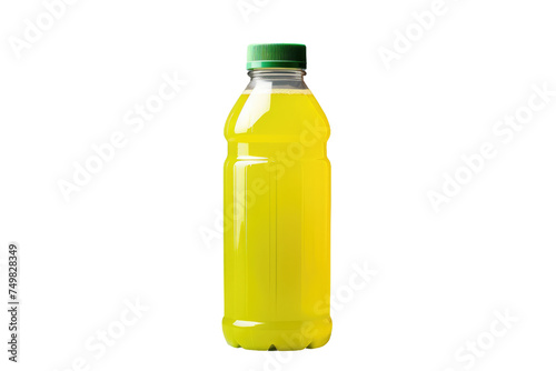 Yellow Liquid Bottle. A bottle filled with yellow liquid is placed on a clean white background. The bottle is the focal point, showcasing its shape and color against the plain backdrop.
