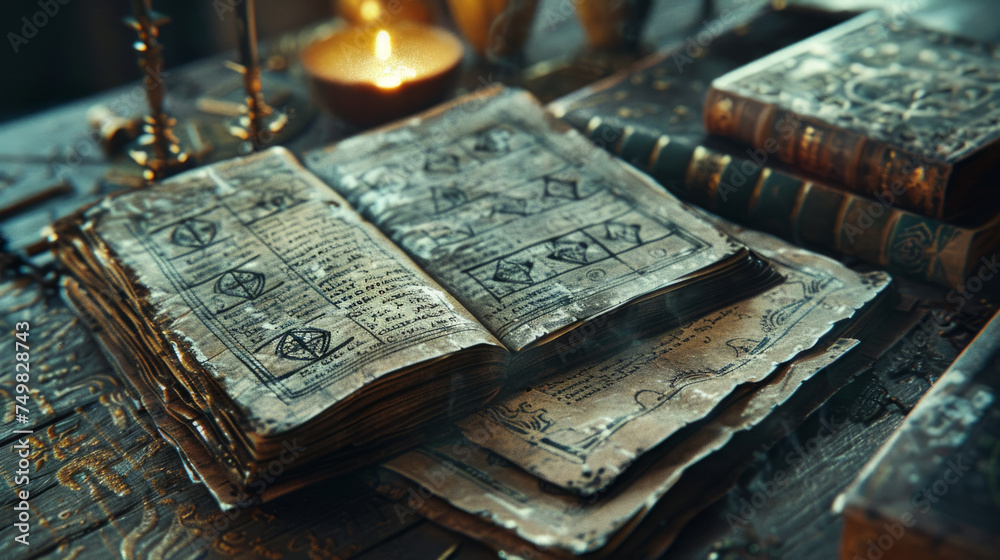 An open ancient book with mysterious symbols and texts rests on a wooden table surrounded by dim candlelight, evoking a sense of mysticism and arcane knowledge. - obrazy, fototapety, plakaty 