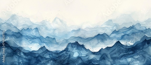 Silhouette of abstract waves, deep blue watercolor ocean © Seksan