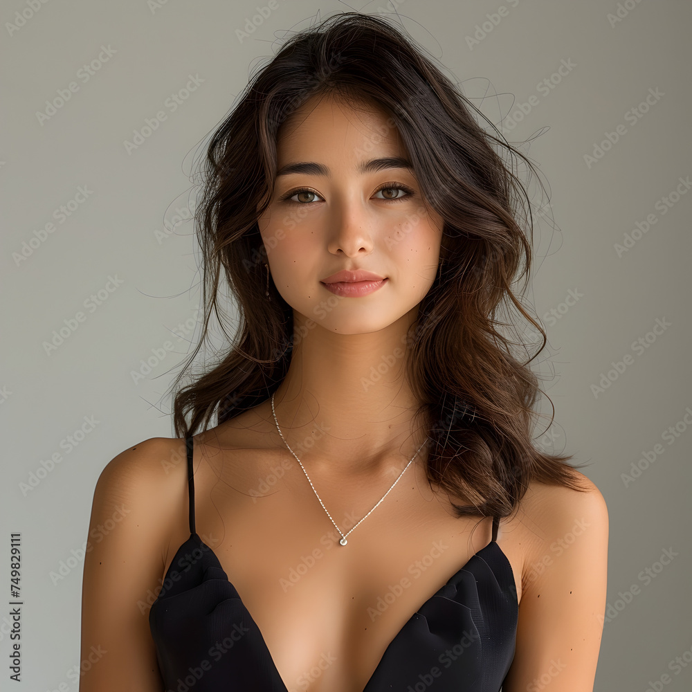 Elegant Female Model in Black Dress and Asian-Inspired Necklace Elegant Female Model in Black Dress and Asian-Inspired Necklace