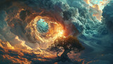 A fantasy-themed image showcasing a lone tree amidst swirling clouds forming an ethereal vortex with vibrant hues of orange and blue, bathed in an otherworldly light.