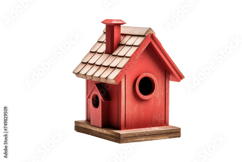 Red Birdhouse With Brown Roof. A red birdhouse with a brown roof stands in a garden, providing shelter for birds. The sun shines on the colorful structure, highlighting its small entrance hole.