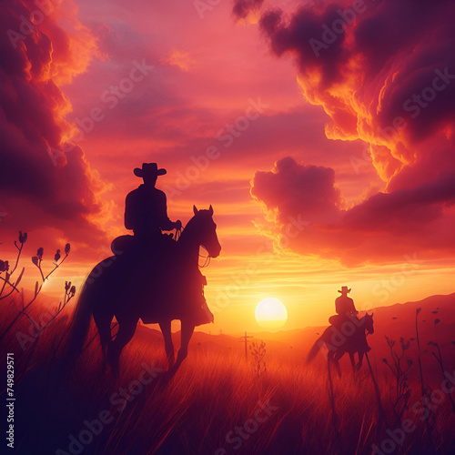 cowboy riding horse at sunset © Saadat