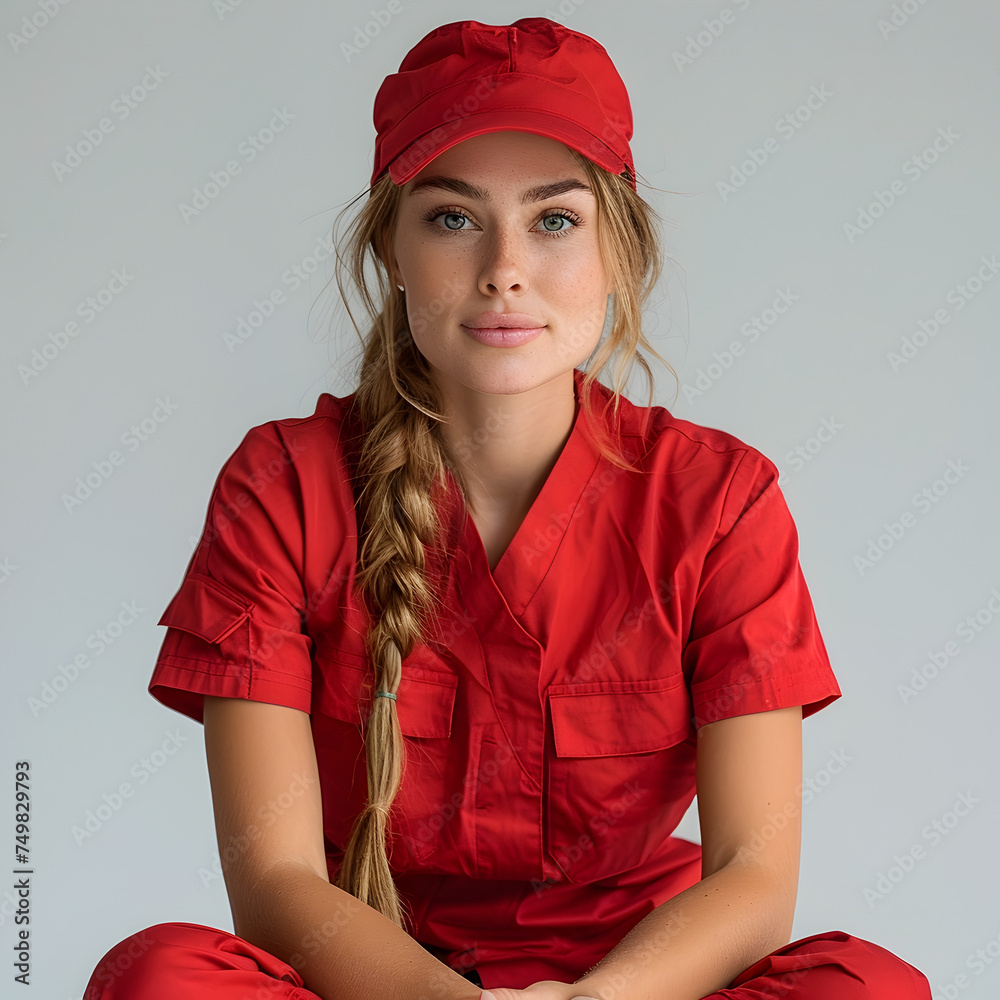 Female Nursing Student in Red Uniform Looking Directly Female Nursing Student in Red Uniform Looking Directly