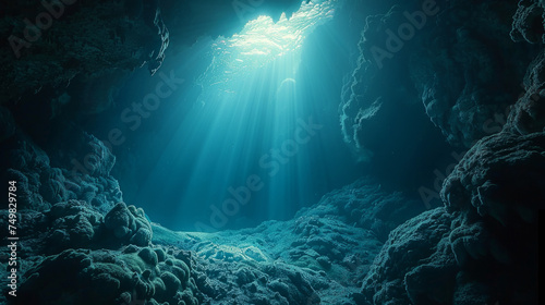 Underwater scenery showing rays of light piercing through the ocean's surface, illuminating the rocky seabed and creating a serene aquatic atmosphere.