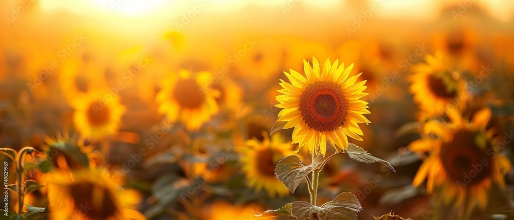 Sunflower field at sunset, golden hour glow, space for text