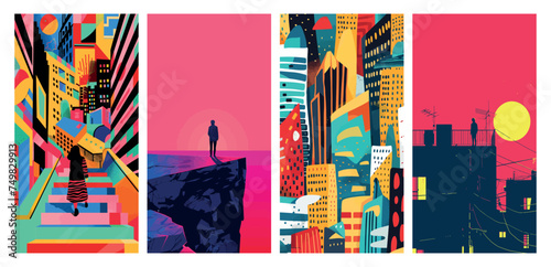 Vibrant abstract cityscapes with intriguing human silhouettes