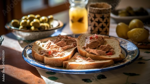Rillettes on a plate with bread and olives
