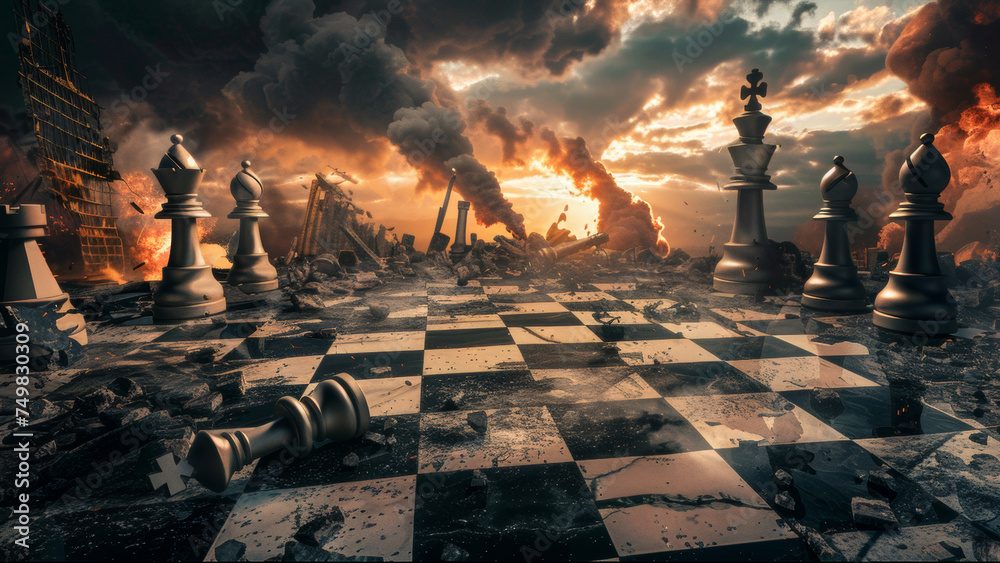 Apocalyptic chessboard battlefield under a foreboding sky. - obrazy, fototapety, plakaty 