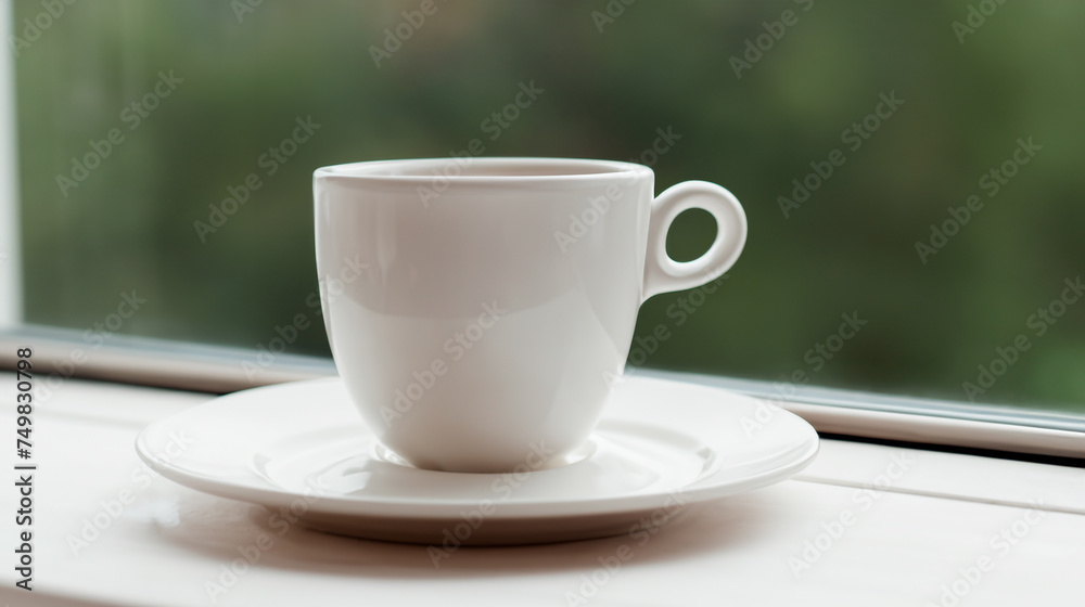 A cup of aromatic coffee stands on the windowsill near the window A cup of aromatic coffee stands on the windowsill near the window