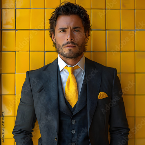 Mens Suit and Yellow Tie in Yellow Tiled Room photo