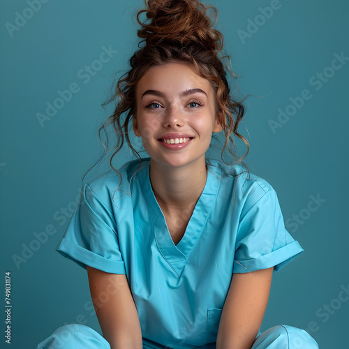 Playful Casual and Caring Nurse Portrait on Teal Plain Backdrop photo