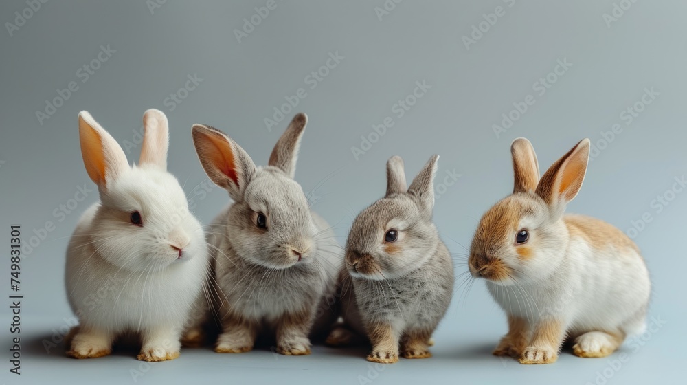 a group of three rabbits sitting next to each other on top of a blue surface in front of a gray background.
