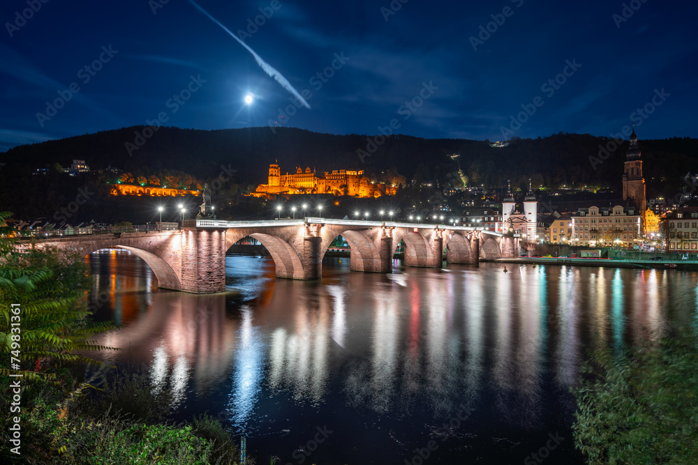 Heidelberg Old Bridge and Heidelberg Castle at night, Baden-Württemberg, Germany