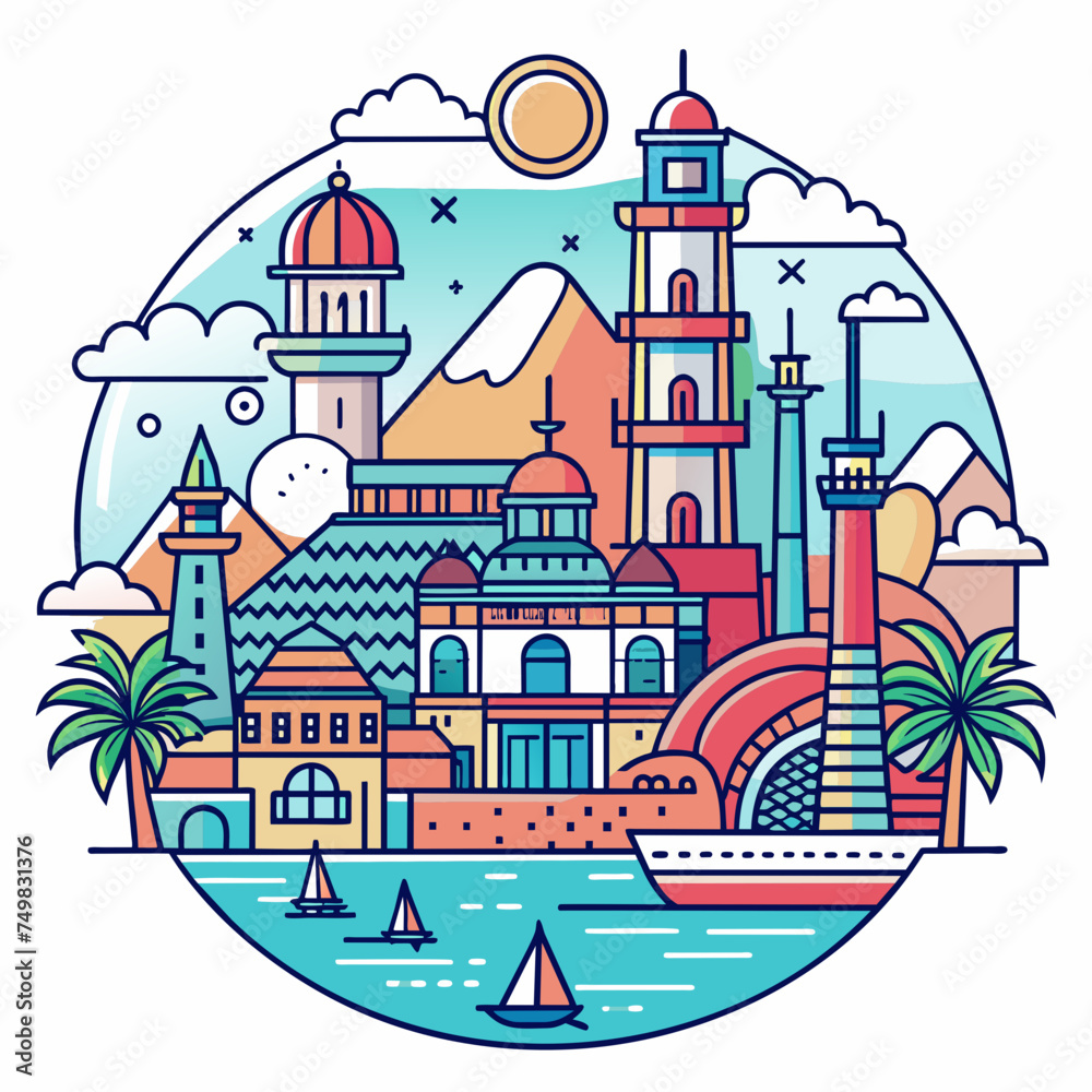 T-shirt sticker of Incorporate intricate line art depicting iconic landmarks of coastal destinations