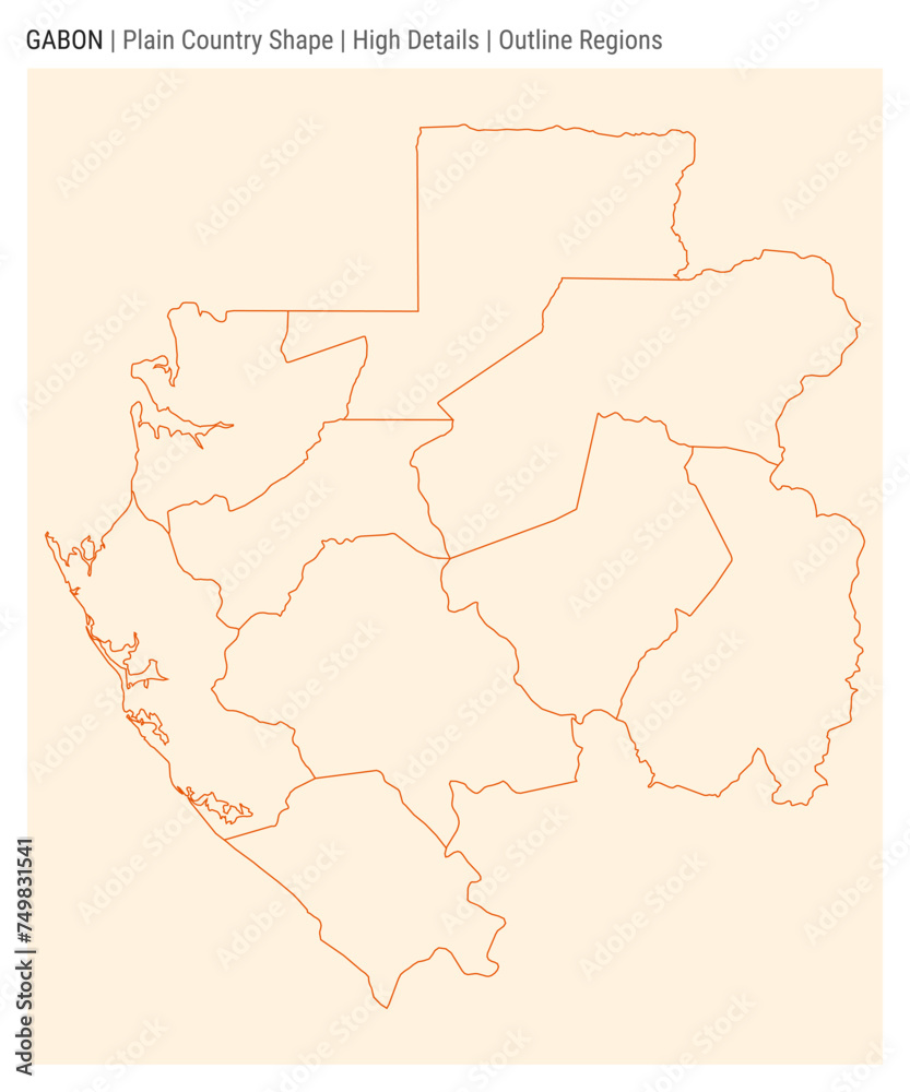 Gabon plain country map. High Details. Outline Regions style. Shape of Gabon. Vector illustration.
