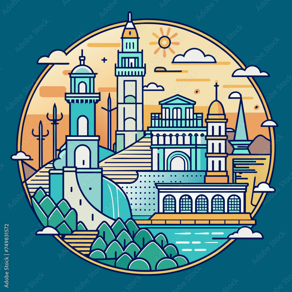 Fototapeta premium T-shirt sticker of Incorporate intricate line art depicting iconic landmarks of coastal destinations