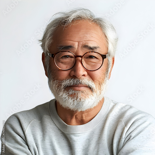 Relaxed Asian Elderly Man with Beard and Glasses