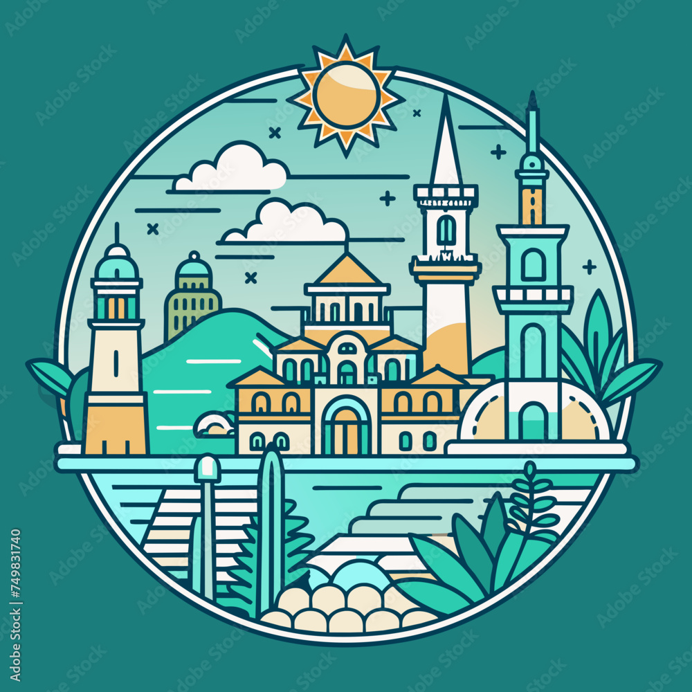 T-shirt sticker of Incorporate intricate line art depicting iconic landmarks of coastal destinations