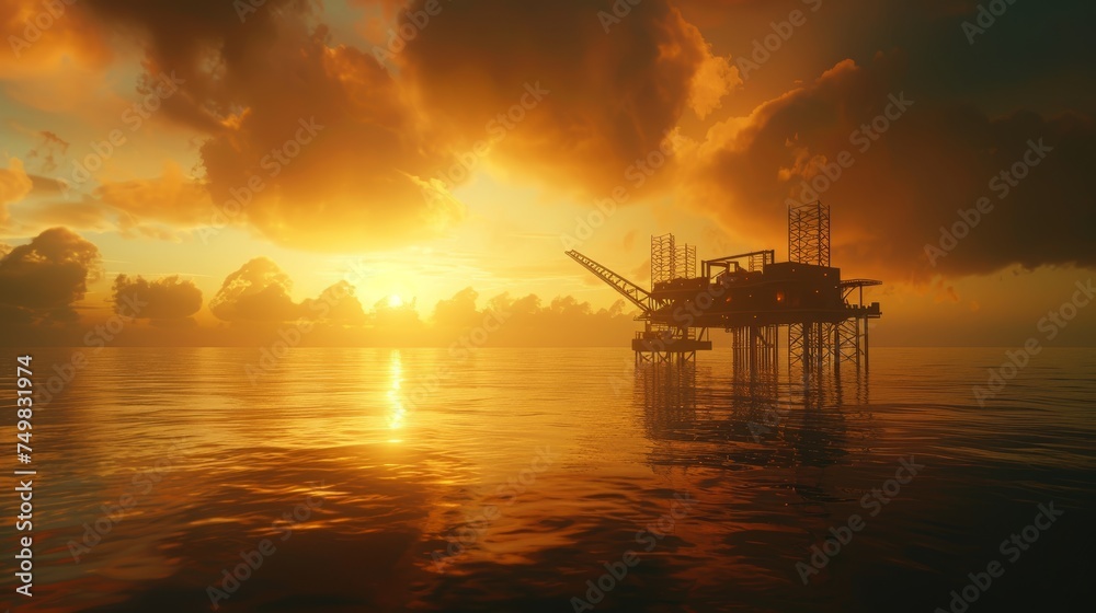 Oil platform in the ocean against the backdrop of sunset.