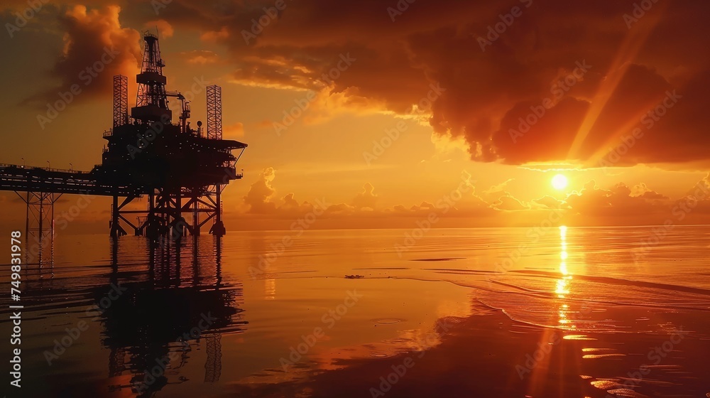 Oil platform in the ocean against the backdrop of sunset.