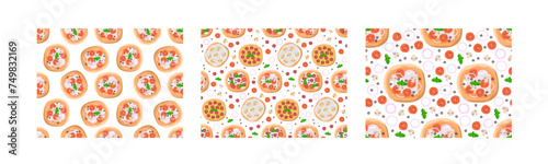 Seamless Pizza pattern set. Pizza options according to different recipes with ingredients. Cartoon vector illustration. Traditional italian dishes. Tasty Italian pizza. Repeated background for textile