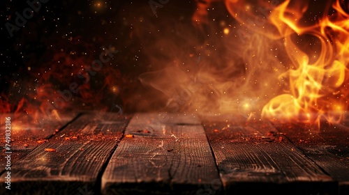 Burning fire on a wooden table on black background.