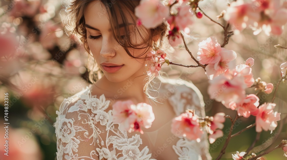 Beautiful bride in a white wedding dress surrounded by the soft pink blooms of cherry blossoms.