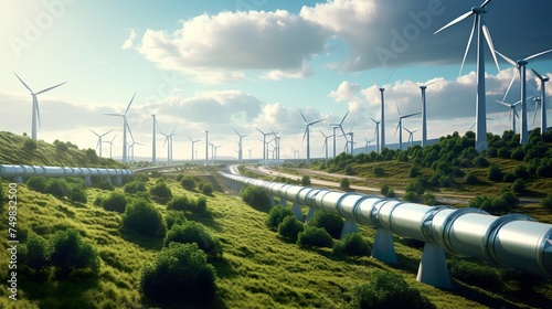 Futuristic Train Travels Over Wind Farm