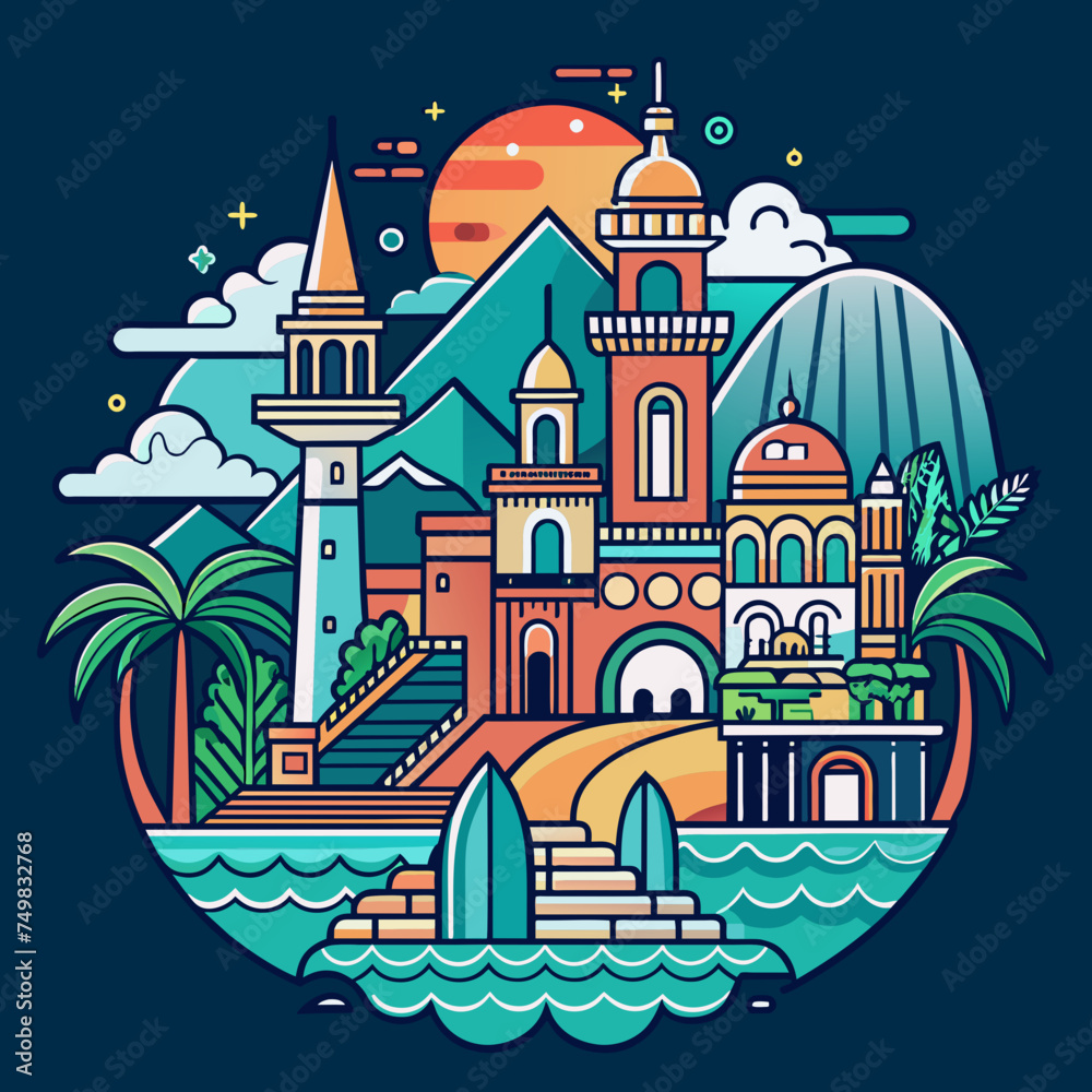 T-shirt sticker of Incorporate intricate line art depicting iconic landmarks of coastal destinations