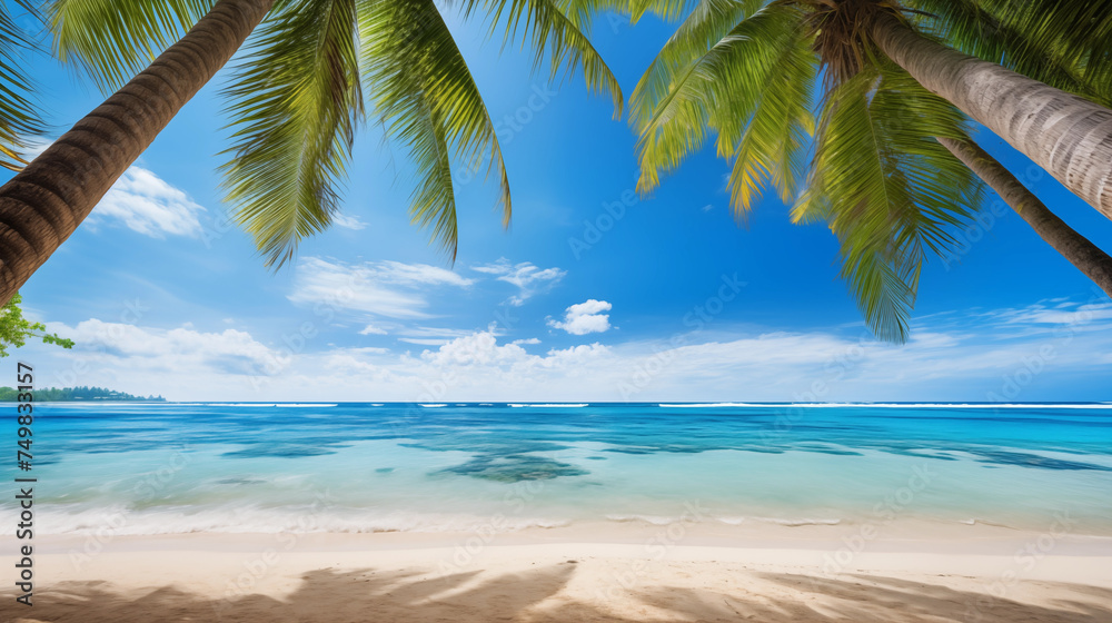 Plage de sable fin avec palmiers et mer turquoise sous les tropiques - obrazy, fototapety, plakaty 