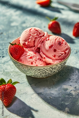Crème glacée, glace à la fraise dans un bol, dessert fruité et frais, ia générative