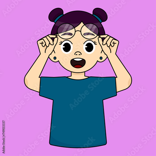 The girl is shocked and surprised while raising her glasses