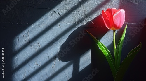 a single red tulip sitting in a vase next to a shadow of a person's shadow on a wall. photo